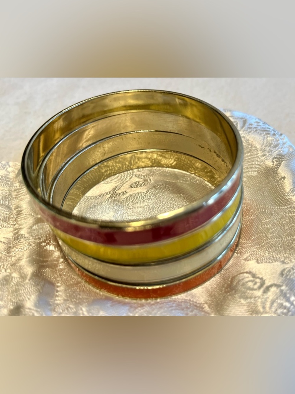 Set of Colorful Vintage Enamel Bangles with Silver Accents S/M - Picture 2 of 9